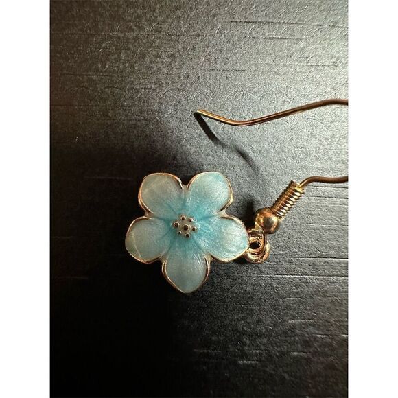 Blue and Gold Enamel Flower Dangle Earrings Floral Hook Closure - Picture 3 of 4